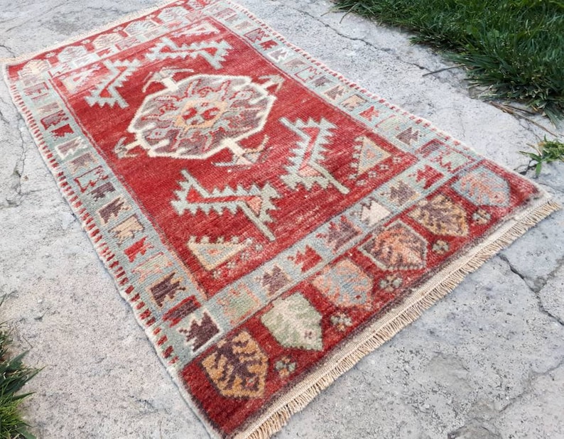Boho Decor rug Turkish Oushak rug Oriental rug Doormat rug  1.54x2.85ft Handmade Wool rug Small Vintage rug Bedside rug Entrway rug