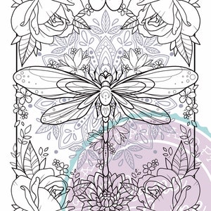 May include: A black and white line drawing of a dragonfly with intricate wings, surrounded by flowers and a mandala pattern. The dragonfly is perched on a flower stem, with its wings spread out.