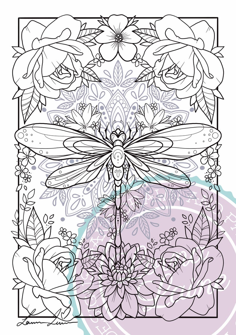 May include: A black and white line drawing of a dragonfly with intricate wings, surrounded by flowers and a mandala pattern. The dragonfly is perched on a flower stem, with its wings spread out.