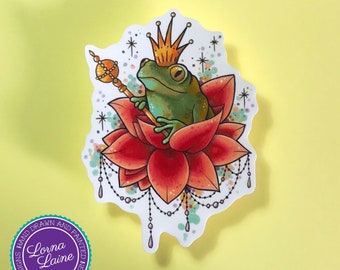 Frog prince vinyl sticker, laptop stickers, neo traditional tattoo art, frog vinyl decal, art stickers, party favours, tattoo print