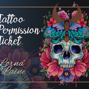 Skull tattoo design, tattoo ticket, tattoo permission, skull and moth, printable tattoo stencil, instant download, gothic tattoo art