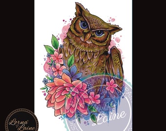 Owl art print, cottagecore print, watercolor painting, tattoo print, woodland theme, alternative home decor, witchy aesthetic