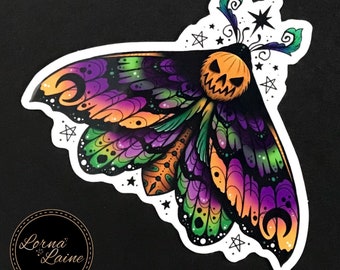 Halloween moth vinyl sticker, jack o lantern, glossy sticker, waterproof decal, spooky sticker, laptop decal, pumpkin theme moth, hawk moth