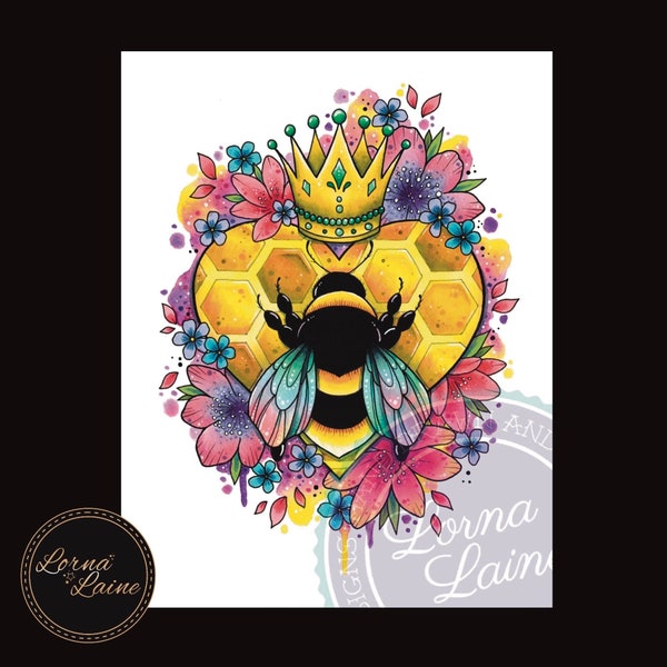 Queen bee art print, cottagecore print, bee wall art, fairycore, tattoo print, watercolour wall art, bee decor, gift for her