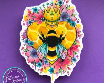 Queen Bee sticker, vinyl sticker, tattoo design, tattoo print, bee tattoo, bee decal, laptop sticker, art stickers, device decal, gift idea