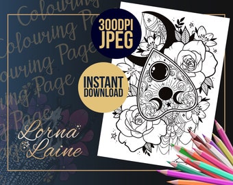 Spiritual colouring page, digital download, tattoo design, planchette design, adult colouring, gothic art, witchy art