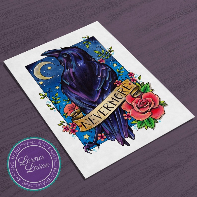 Raven Tattoo Print Tattoo Design Edgar Allen Poe Nevermore Etsy