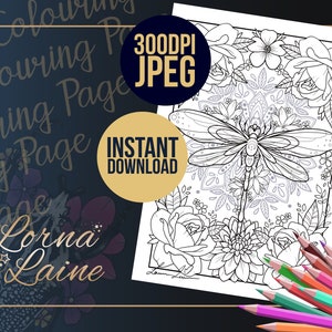 May include: A black and white coloring page featuring a dragonfly surrounded by flowers. The dragonfly is detailed with intricate lines and the flowers are stylized with a mandala-like design.