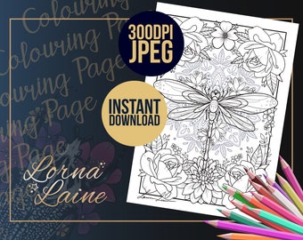 Dragonfly colouring page, adult colouring, sacred geometry, mandala, flower colouring page, digital download, printable colouring page