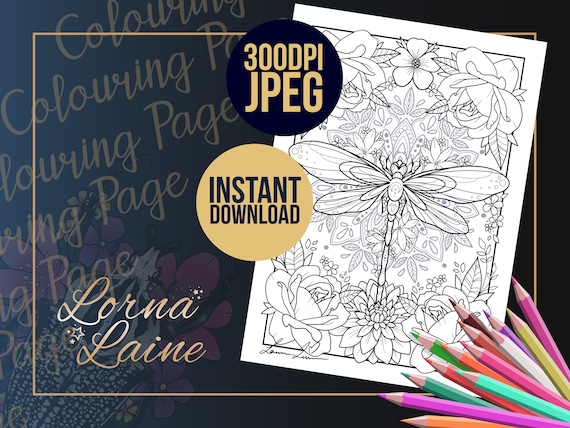 Dragonfly colouring page, adult colouring, sacred geometry, mandala, flower colouring page, digital download, printable colouring page