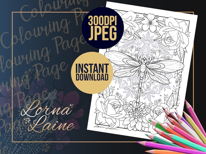 May include: A black and white coloring page featuring a dragonfly surrounded by flowers. The dragonfly is detailed with intricate lines and the flowers are stylized with a mandala-like design.