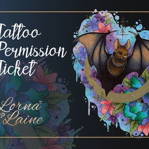 Bat tattoo design, tattoo ticket, tattoo permission, instant download, printable stencil, gothic tattoo print, watercolour art