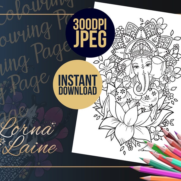 Ganesh, colouring pages, digital download, printable, jpeg file, line art, adult colouring, print at home