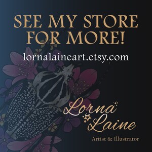 Op de afbeelding: Een zwart-witte kever met een getextureerde schil is omringd door roze en paarse bloemen. De tekst "See my store for more! lornalaineart.etsy.com" staat bovenaan de afbeelding. De tekst "Lorna Laine Artist & Illustrator" staat onderaan de afbeelding.