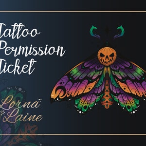 Halloween tattoo design, moth tattoo art, tattoo permission ticket, body art stencil, instant download, JPEG file, pumpkin moth, spooky art