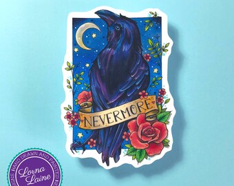 Raven vinyl sticker, tattoo print, nevermore vinyl decal, laptop sticker, journal, planner, stickerbomb, art sticker, poe