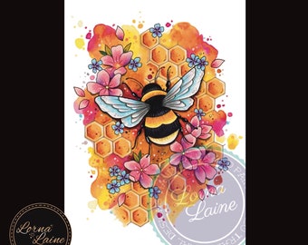 Bee art print, tattoo print, cottagecore print, bumblebee decor, honeybee, bee keeper, watercolour painting, wildlife art, Mother’s Day gift