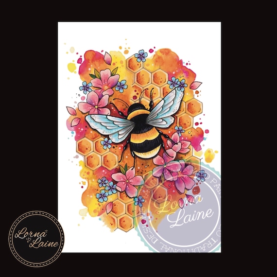 Bee Art Print, Tattoo Print, Cottagecore Print, Bumblebee Decor, Honeybee,  Bee Keeper, Watercolour Painting, Wildlife Art, Mothers Day Gift 