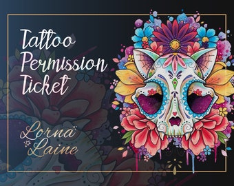 Cat candy skull tattoo design, tattoo flash, tattoo permission, tattoo ticket, instant download, printable stencil, day of the dead art