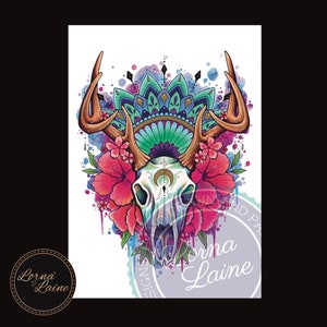 Stag skull tattoo print, tattoo art, watercolour print, mandala, skull painting, tattoo design