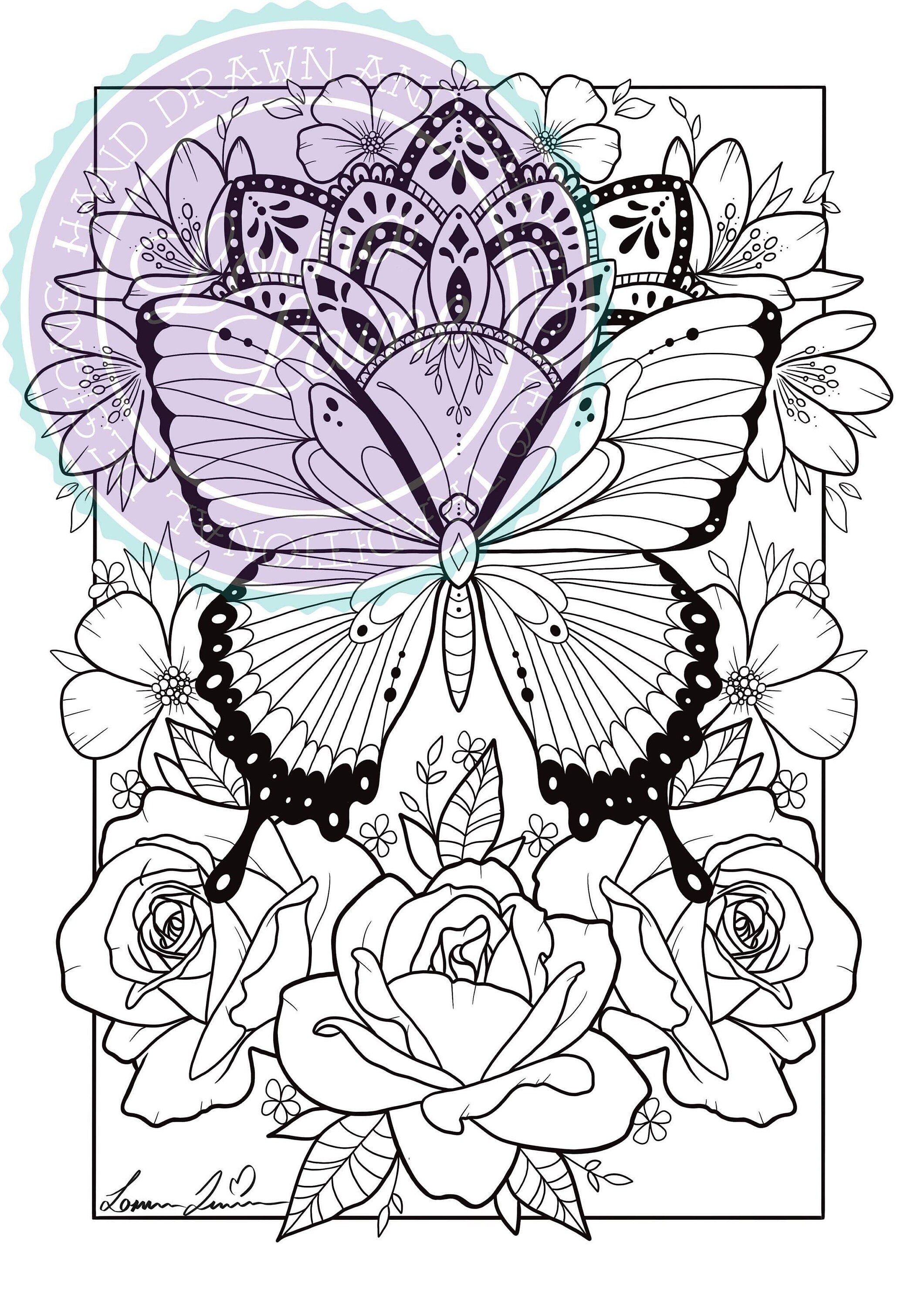 Butterfly colouring page, instant download, tattoo design, adult colouring, digital colouring, mindfulness, art therapy