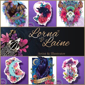 Op de afbeelding: Een verzameling kleurrijke stickers met verschillende illustraties, waaronder een vleermuis, een kat, een schedel, een kever, een halve maan, een raaf en een paddenstoel. De stickers zijn ontworpen door Lorna Laine, een kunstenaar en illustrator.