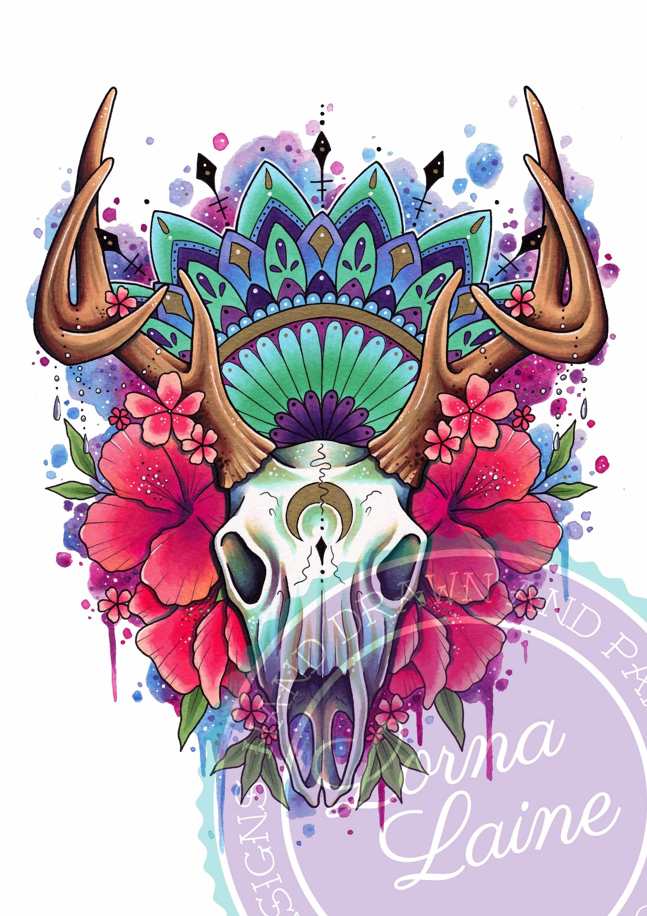 Buy Stag Skull Tattoo Print, Tattoo Art, Watercolour Print, Mandala