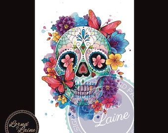 Sugar skull print, tattoo design, day of the dead art, tattoo print, mexican sugar skull, watercolor art, tattoo flash, halloween art, skull