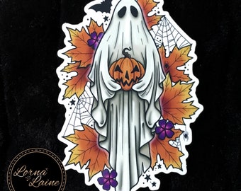 Ghost sticker, autumn ghost, fall ghost, Halloween ghost vinyl sticker, waterproof sticker, water bottle decal, die cut sticker, spooky gift