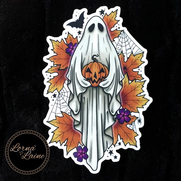 Ghost sticker, autumn ghost, fall ghost, Halloween ghost vinyl sticker, waterproof sticker, water bottle decal, die cut sticker, spooky gift