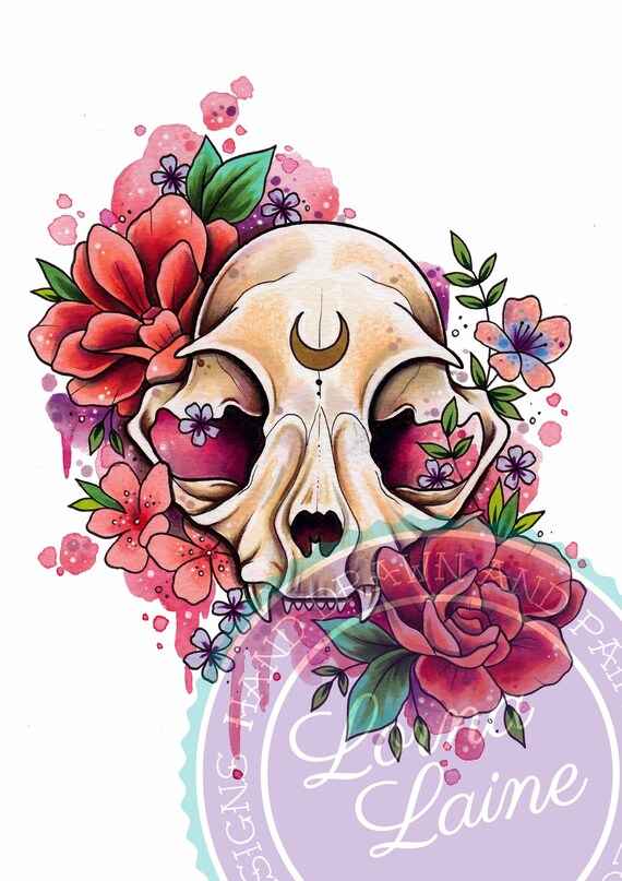 cat skull tattoo print tattoo design skull illustration etsy