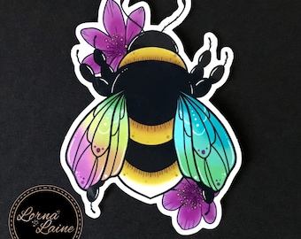 Bee vinyl sticker, cottagecore sticker, rainbow sticker, water bottle sticker, waterproof sticker, laptop decal, cute stickers, car decal