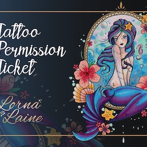 Mermaid tattoo design, tattoo ticket, tattoo permission, tattoo stencil, tattoo flash, mermaid art, watercolour painting, tattoo kit