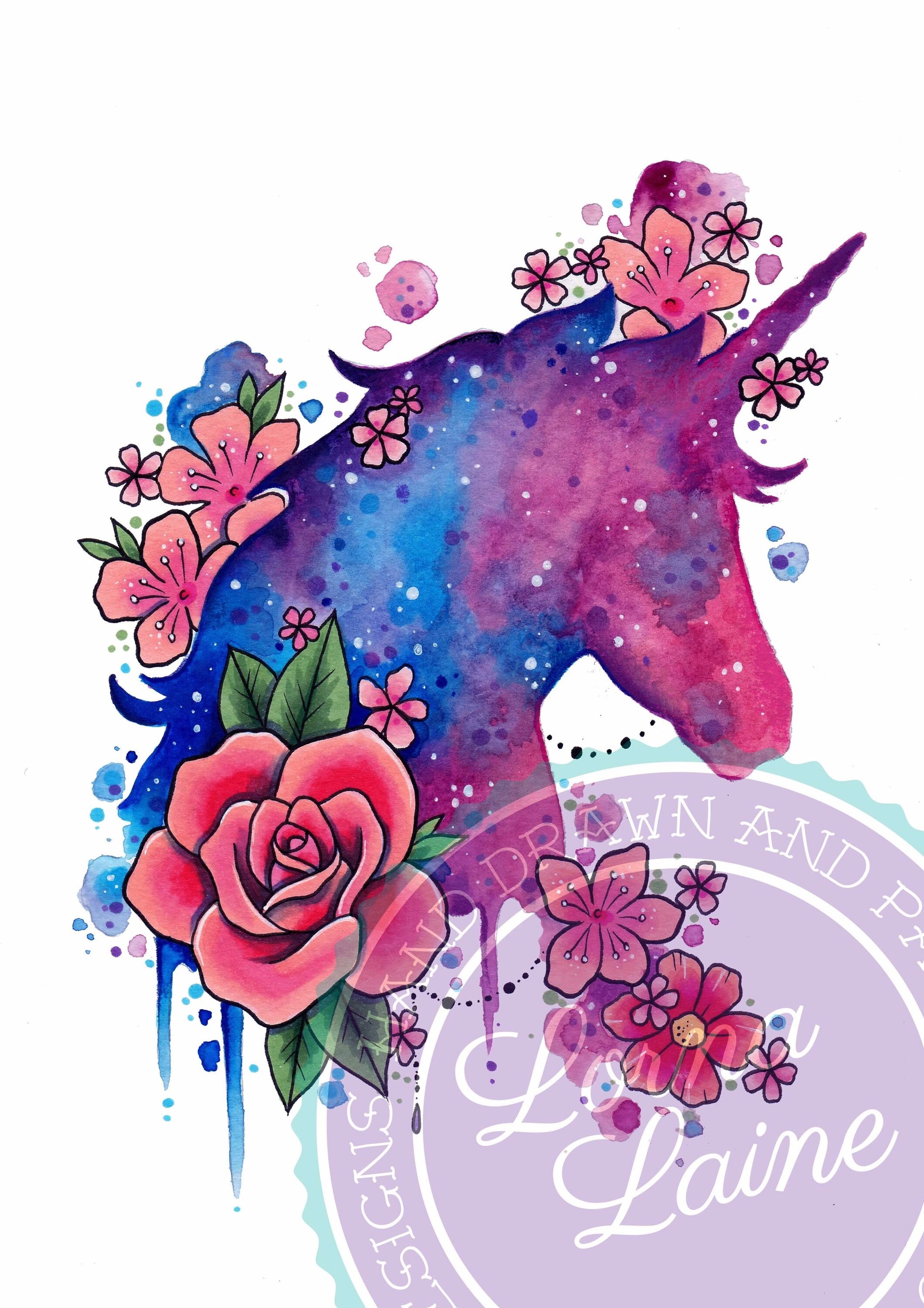 Unicorn art print tattoo print galaxy art cosmic painting | Etsy