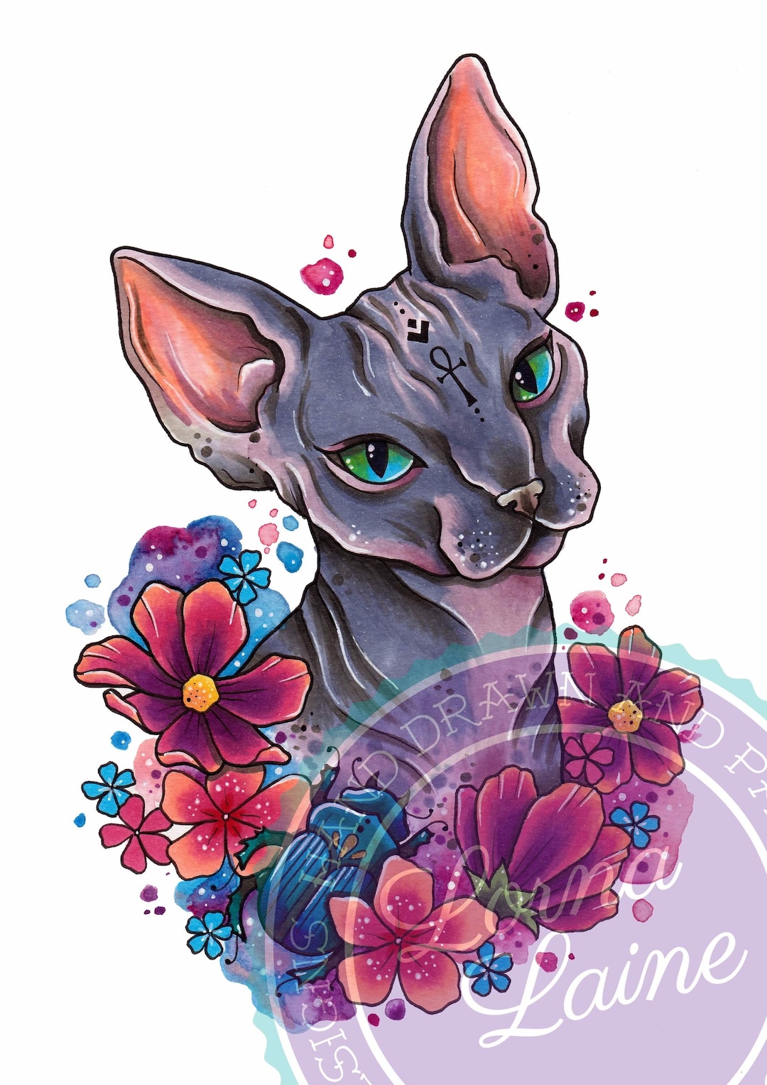 Sphynx Cat Tattoo Print, Tattoo Design, Hairless Cat, Gifts for Cat