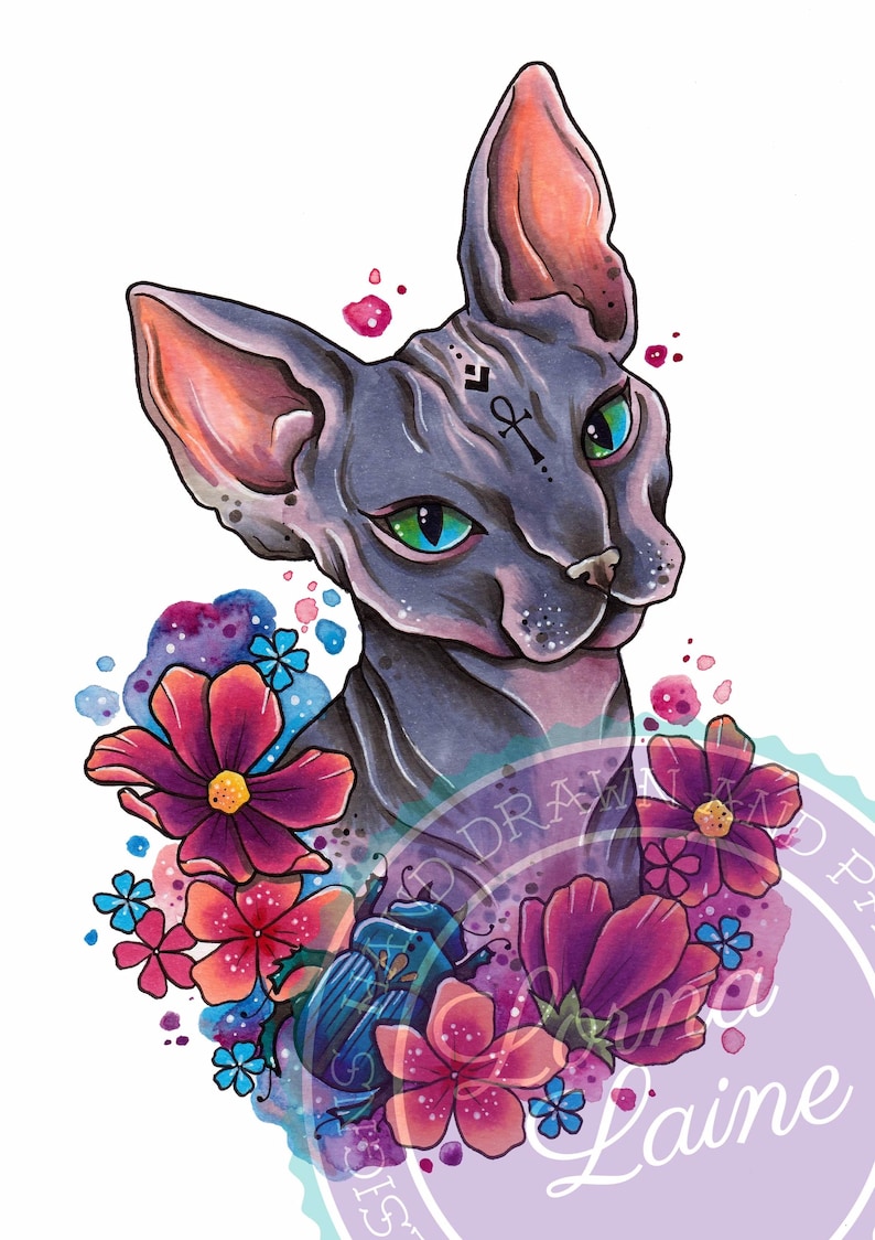Sphynx Cat Tattoo Print Tattoo Design Hairless Cat Gifts Etsy Cat My