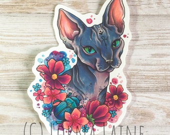 Cat Vinyl sticker, hairless cat, vinyl decal, tattoo print, laptop sticker, planner sticker, art sticker, stickerbomb