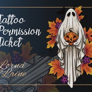 Ghost tattoo design, instant download, tattoo flash, tattoo ticket, body art stencil, printable files, spooky art, Halloween and autumn