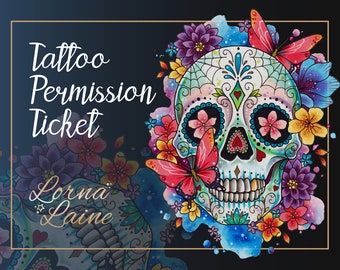 Candy skull tattoo design, tattoo ticket, tattoo permission, sugar skull, tattoo flash, tattoo stencil, watercolour art, tattoo print