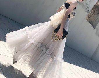 カスタマイズ可能なハイウエストチュールスカート、女性用Aラインマキシチュールスカート、高品質メッシュスカート、イベント用エレガントスカート、カスタムフィットスカート
