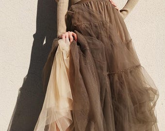 Handgemaakte bruine tulerok van kwaliteit, maxirok voor dames, a-lijnrok, rok met hoge taille, elke maat te maken