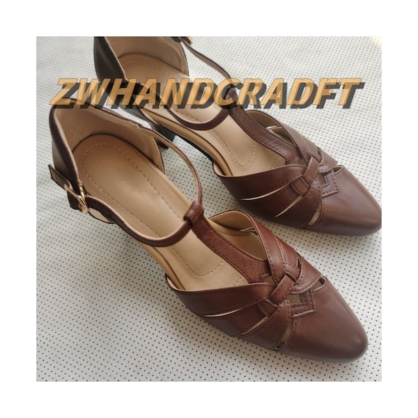 Customizable Retro T Strap Leather Shoes, Handmade Genuine Leather Shoes,Sheepskin Leather Shoes with 7cm Heels,Women's Gift