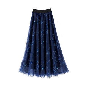 Customizable! Quality Sequined Blue Long skirt, Handmade Embroidered Starry sky Skirt,Mid-length skirt,mesh pleated skirt,A-line Skirt