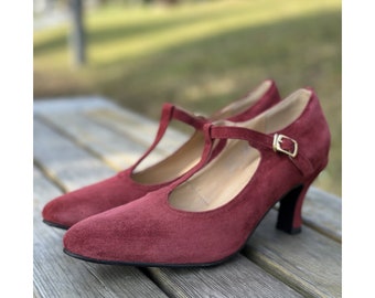 Retro Handmade Mary Jane Shoes, High Quality Red Suede Heeled Shoes,Sheepskin Leather Shoes with 7cm Heels,Women's Gift