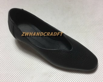 Customizable Retro Leather Shoes,Quality Black Shoes, Handmade Genuine Leather Shoes,Sheepskin Leather Shoes with 4cm Heels,Slip-ons