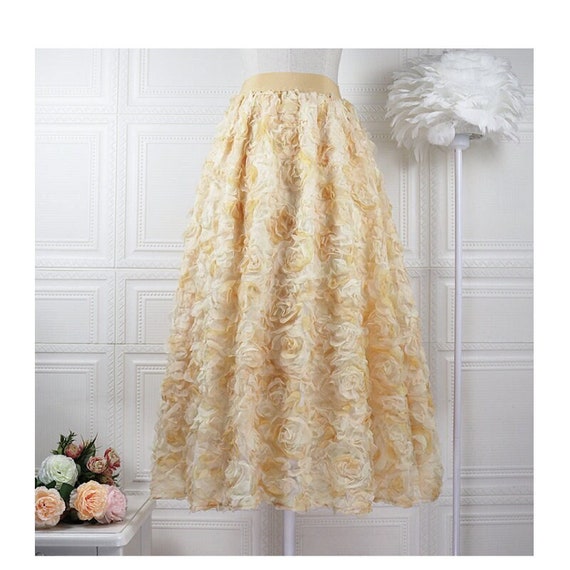 Handmade Quality 3d Rose Floral Maxi Skirt,yellow Flower
