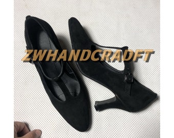 Handmade Women Mary Jane Shoes, High Quality Sheepskin Leather Shoes with 7cm Heels,Black Suede Heeled Shoes