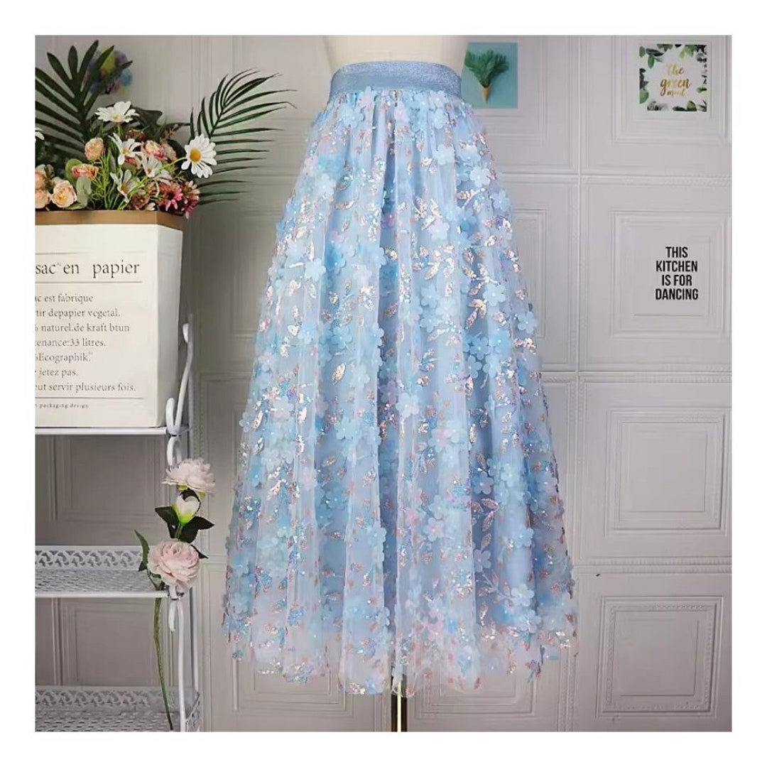 Blue Floral Print High Waist Tulle Skirt Slim Fit for Summer Women Casual Elegant