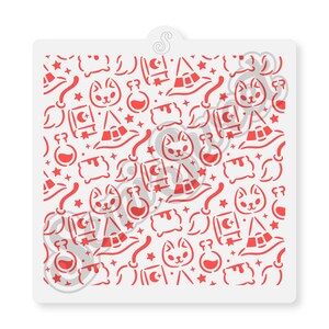 Witch Pattern Stencil. Contains shapes of a witch hat, a black cat, a potion bottle, a broom, a spell book, and a cauldron.
