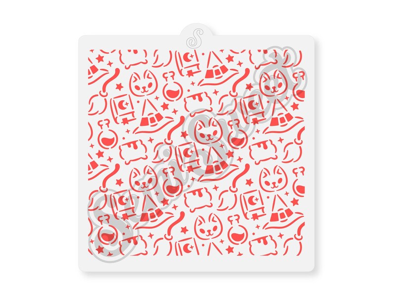Witch Pattern Stencil. Contains shapes of a witch hat, a black cat, a potion bottle, a broom, a spell book, and a cauldron.